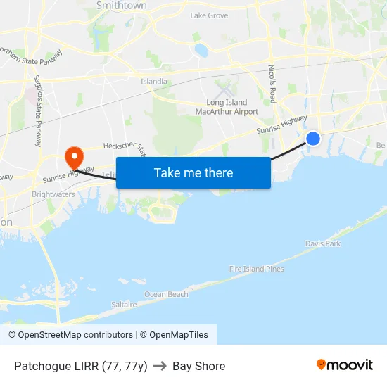 Patchogue LIRR (77, 77y) to Bay Shore map