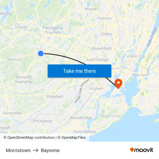 Morristown to Bayonne map
