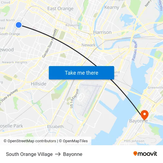 South Orange Village to Bayonne map