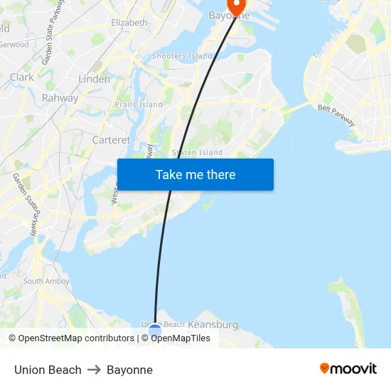 Union Beach to Bayonne map