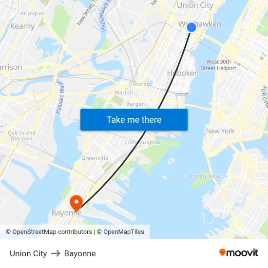Union City to Bayonne map