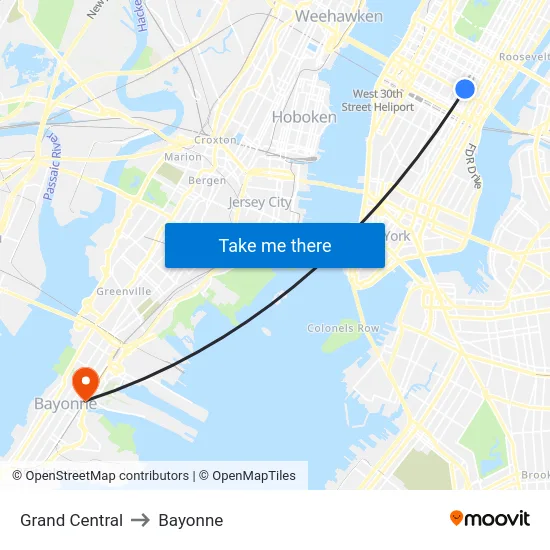 Grand Central to Bayonne map
