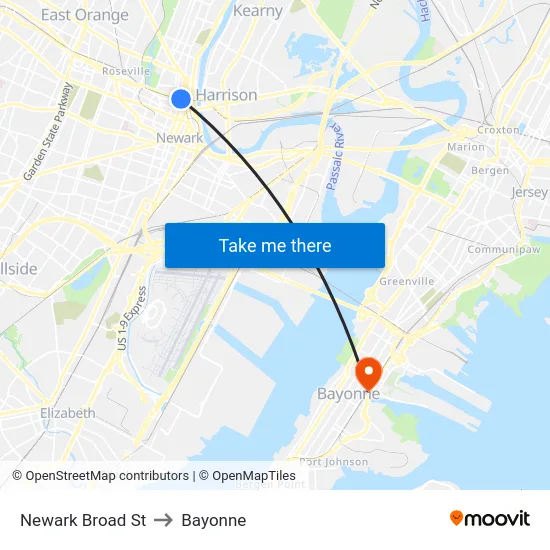 Newark Broad St to Bayonne map