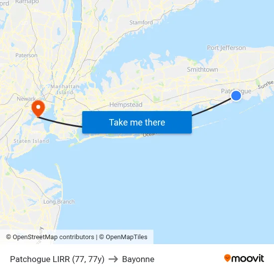 Patchogue LIRR (77, 77y) to Bayonne map
