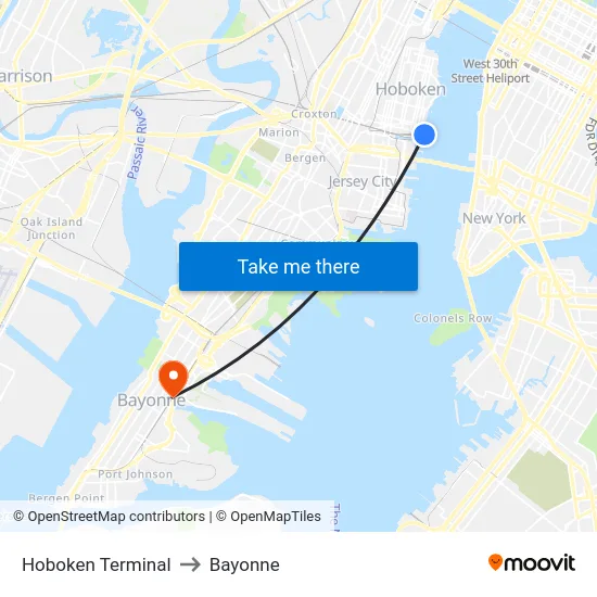 Hoboken Terminal to Bayonne map