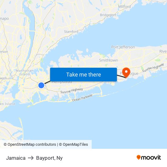 Jamaica to Bayport, Ny map