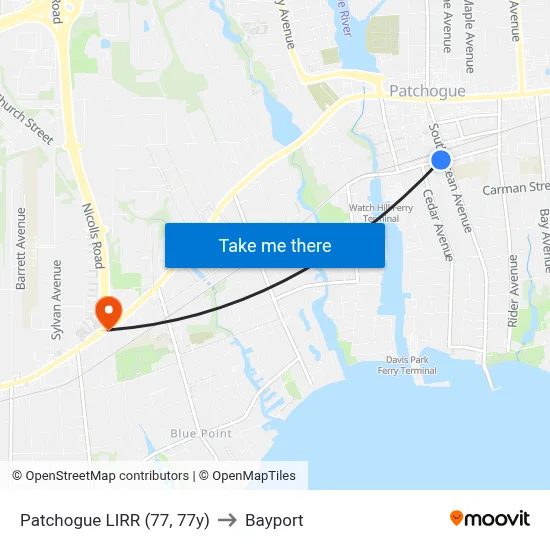Patchogue LIRR (77, 77y) to Bayport map