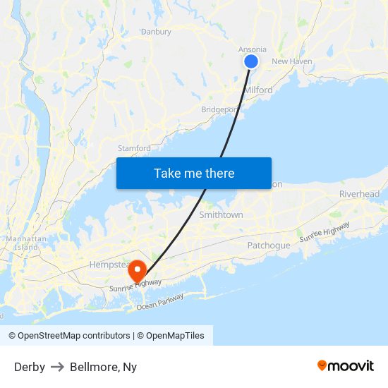 Derby to Bellmore, Ny map