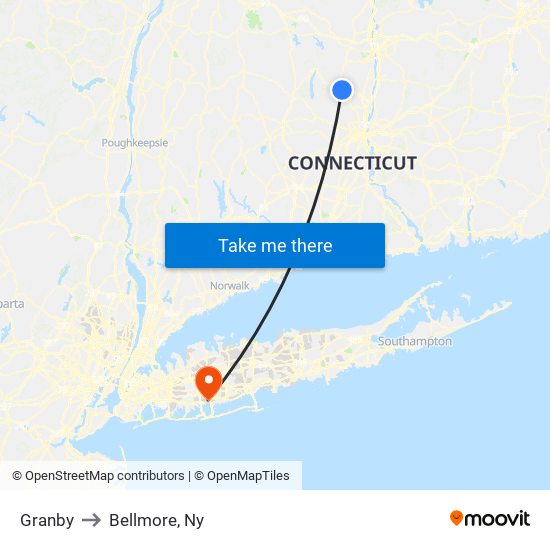 Granby to Bellmore, Ny map