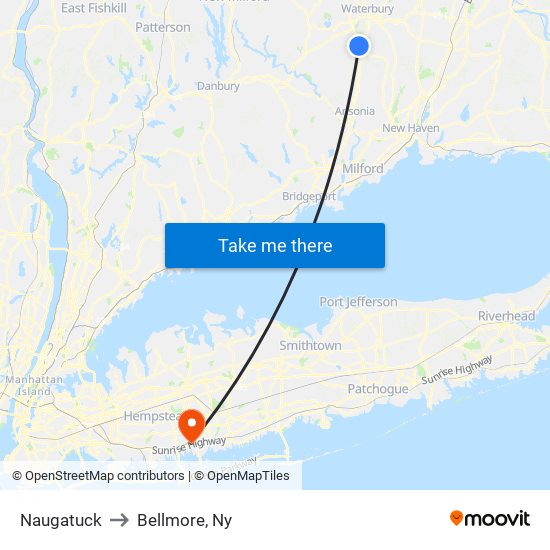 Naugatuck to Bellmore, Ny map