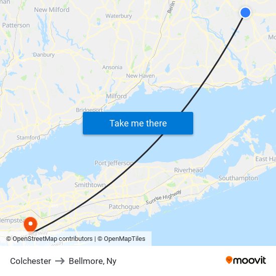 Colchester to Bellmore, Ny map