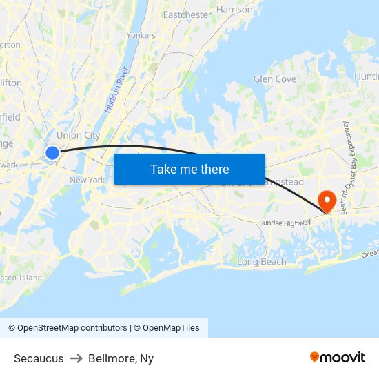 Secaucus to Bellmore, Ny map
