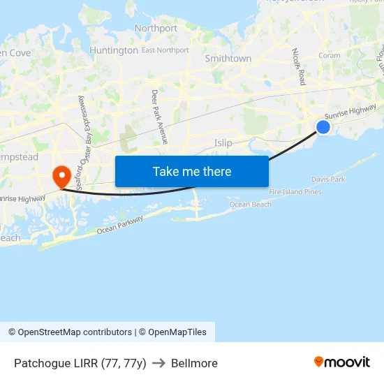 Patchogue LIRR (77, 77y) to Bellmore map