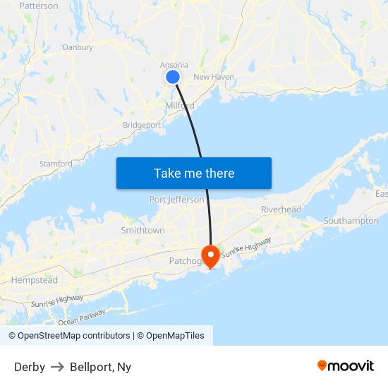 Derby to Bellport, Ny map