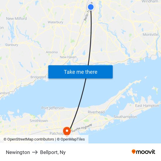 Newington to Bellport, Ny map