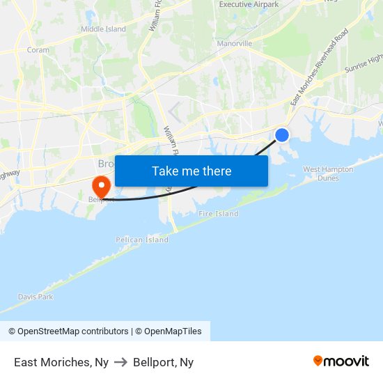 East Moriches, Ny to Bellport, Ny map