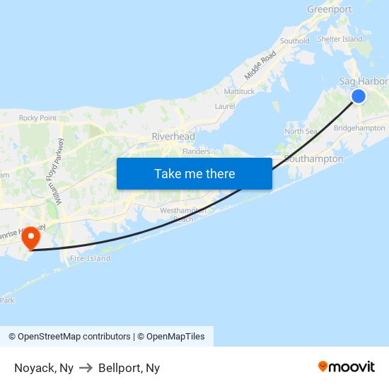 Noyack, Ny to Bellport, Ny map