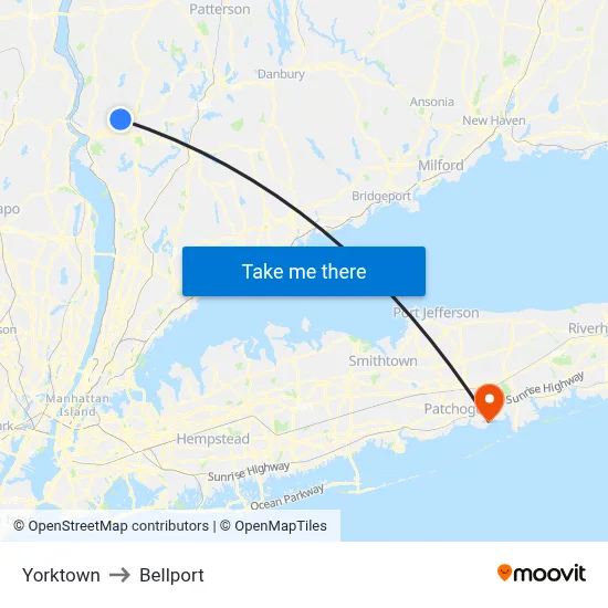 Yorktown to Bellport map
