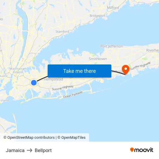 Jamaica to Bellport map