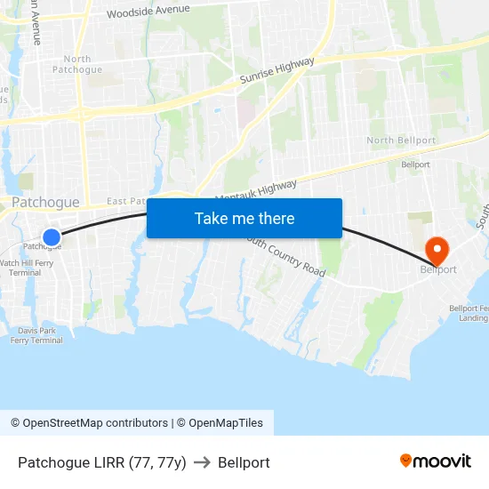 Patchogue LIRR (77, 77y) to Bellport map