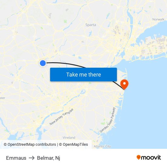 Emmaus to Belmar, Nj map
