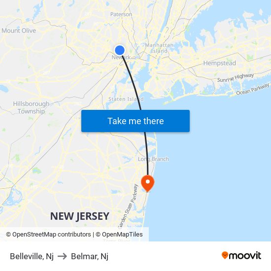 Belleville, Nj to Belmar, Nj map