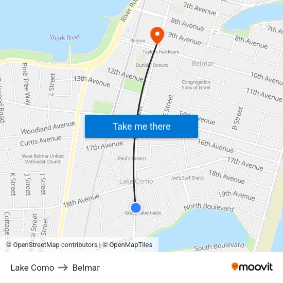 Lake Como to Belmar map