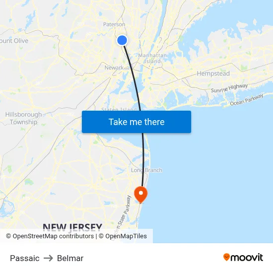 Passaic to Belmar map