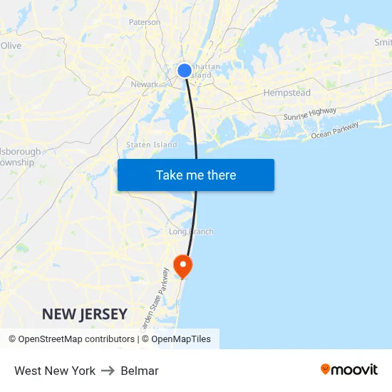 West New York to Belmar map