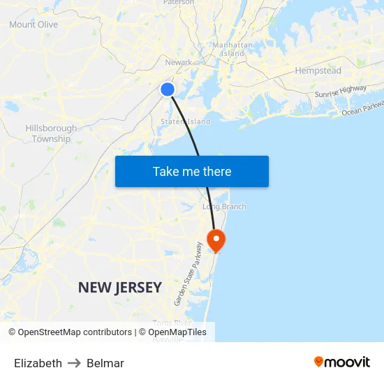 Elizabeth to Belmar map