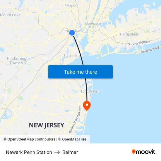Newark Penn Station to Belmar map