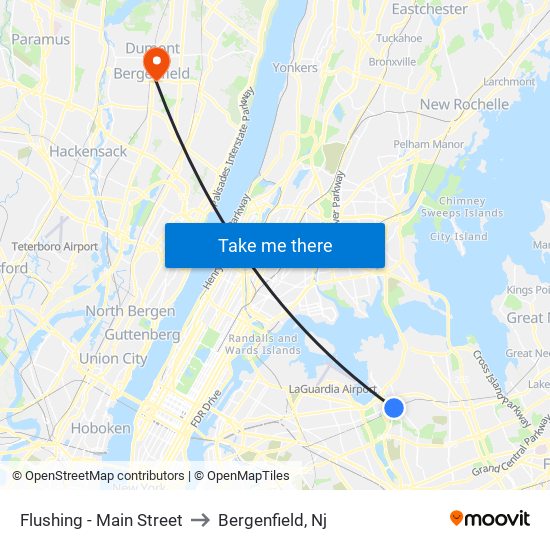 Flushing - Main Street to Bergenfield, Nj map