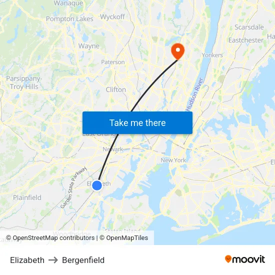 Elizabeth to Bergenfield map