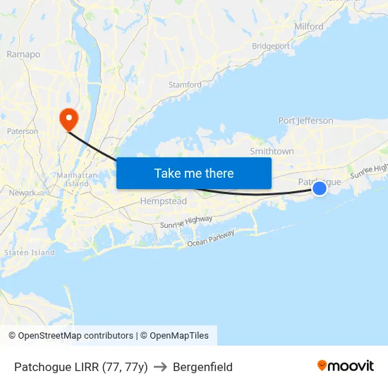 Patchogue LIRR (77, 77y) to Bergenfield map
