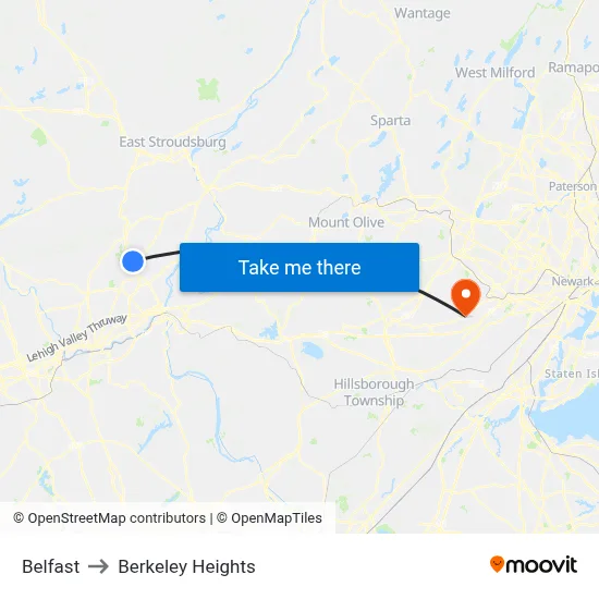 Belfast to Berkeley Heights map