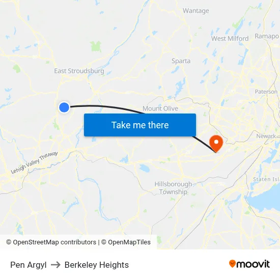 Pen Argyl to Berkeley Heights map