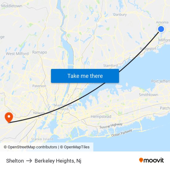 Shelton to Berkeley Heights, Nj map