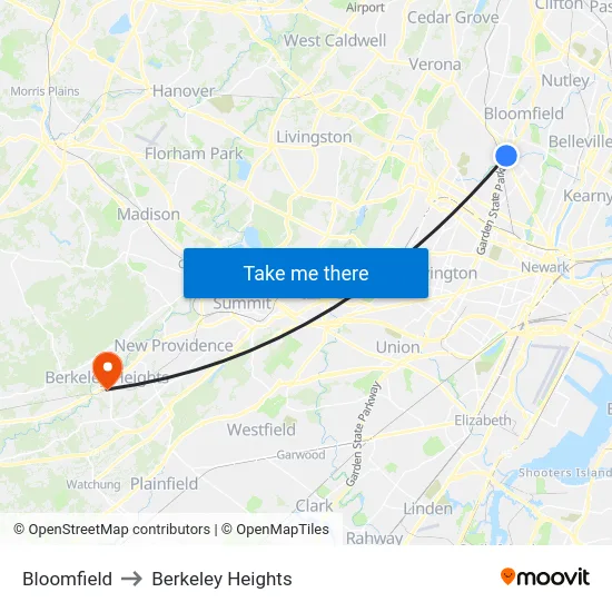 Bloomfield to Berkeley Heights map