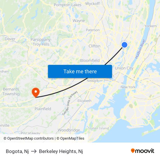 Bogota, Nj to Berkeley Heights, Nj map