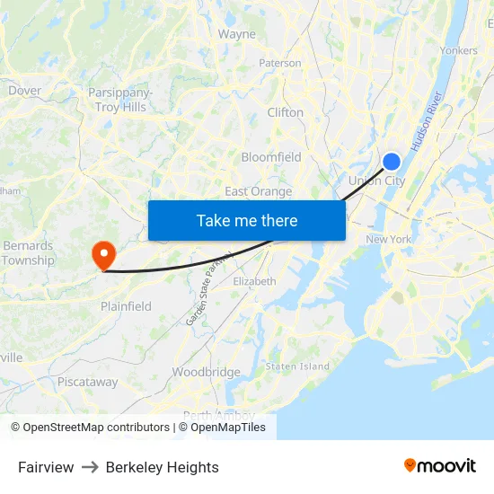 Fairview to Berkeley Heights map