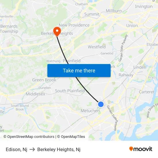 Edison to Berkeley Heights, Nj map