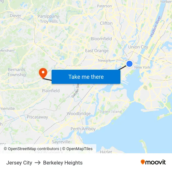 Jersey City to Berkeley Heights map