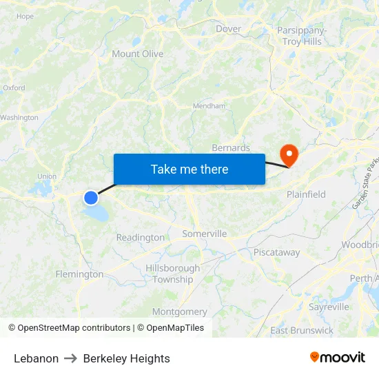Lebanon to Berkeley Heights map