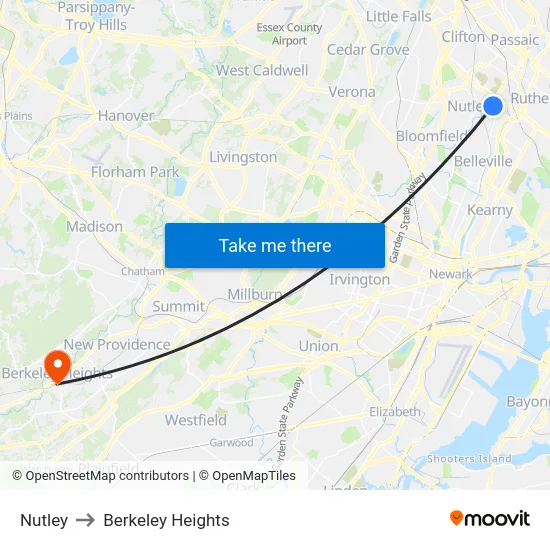 Nutley to Berkeley Heights map