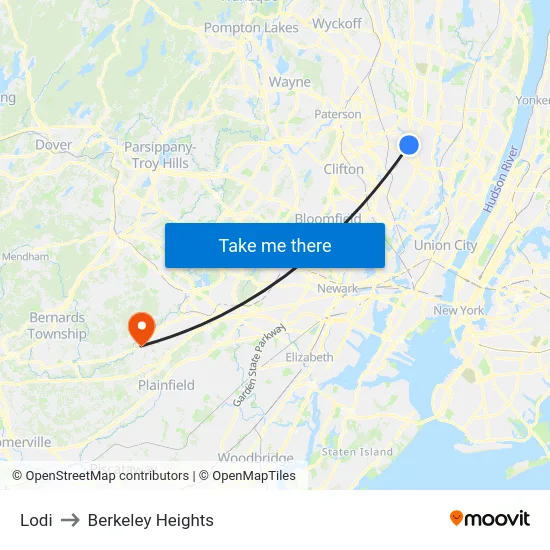 Lodi to Berkeley Heights map