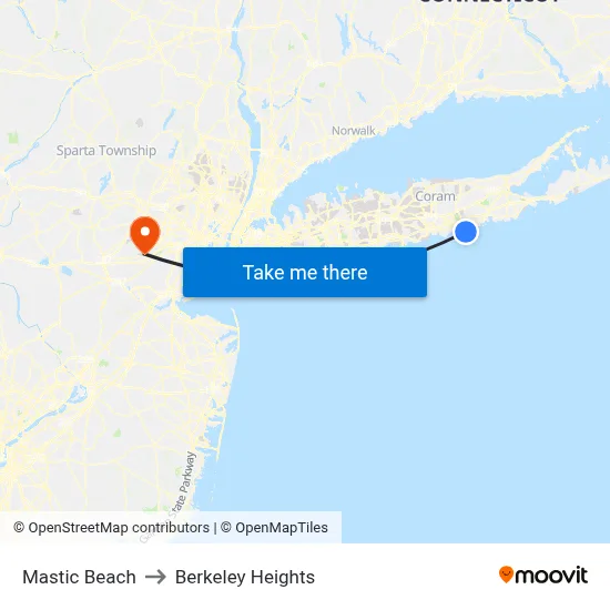 Mastic Beach to Berkeley Heights map