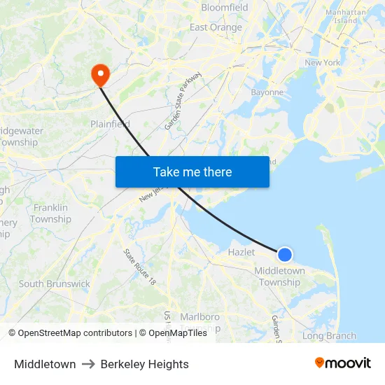 Middletown to Berkeley Heights map