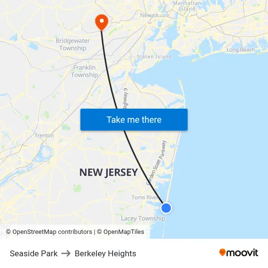 Seaside Park to Berkeley Heights map