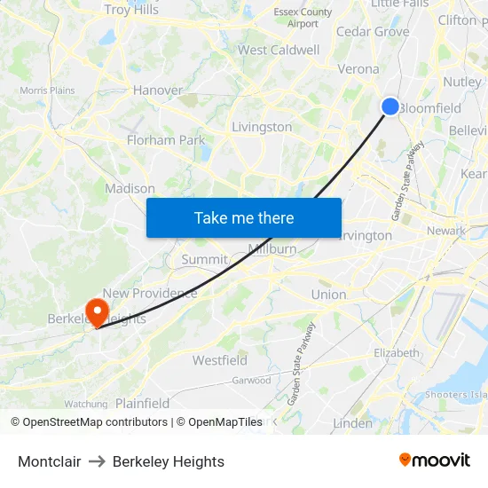 Montclair to Berkeley Heights map