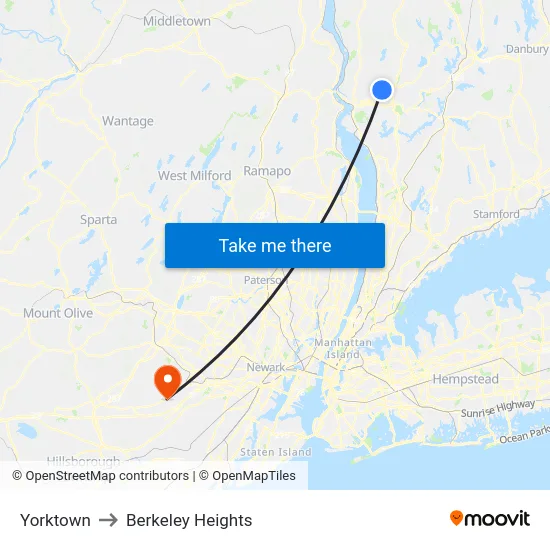 Yorktown to Berkeley Heights map